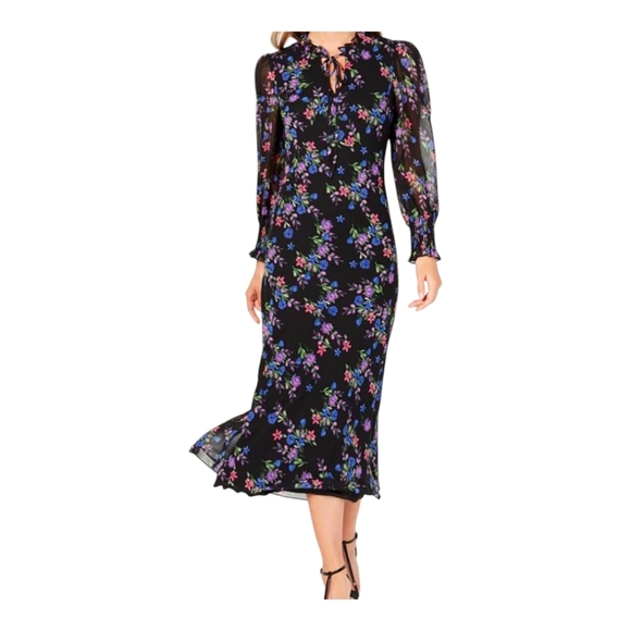 Calvin Klein Floral Maxi Dress Long Sleeve Black - Picture 1 of 8